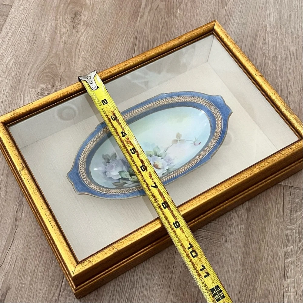 Hand Painted White Roses On Blue Oval Plate Bowl By Creative Frames RARE Vintage